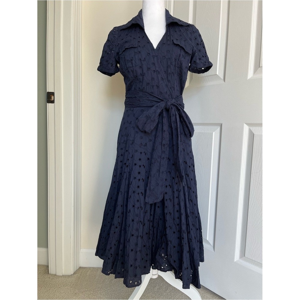 Vintage Diane Von Furstenberg DVF Taffy Navy Blue Eyelet Lace Midi Wrap Dress 6 - Picture 3 of 6